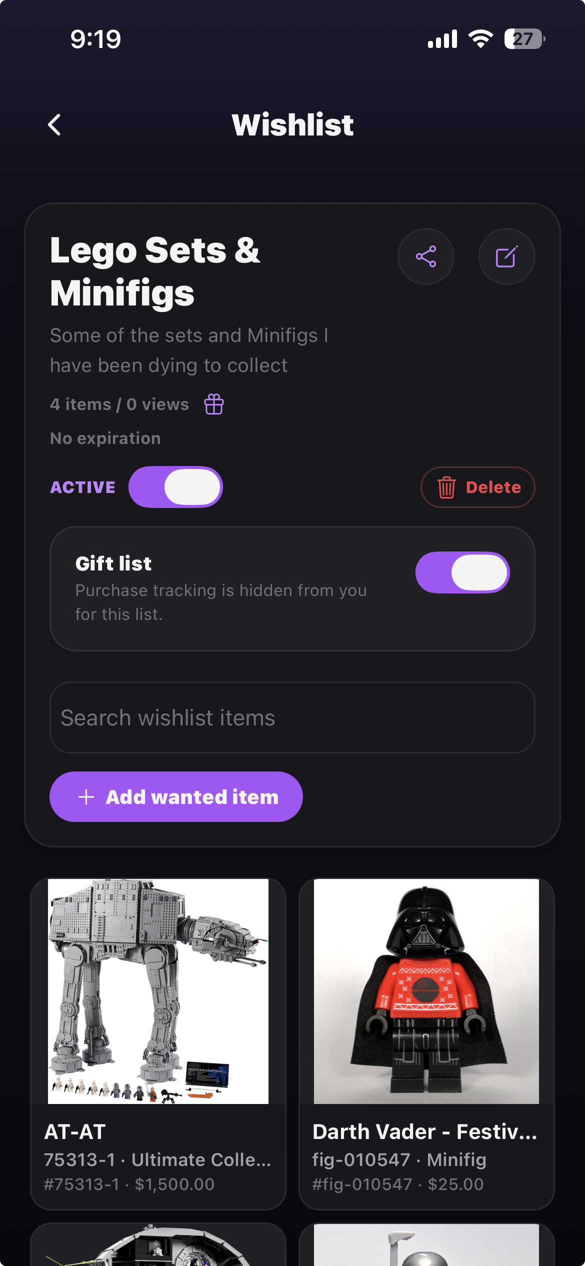 Stash-d gift wishlist screen