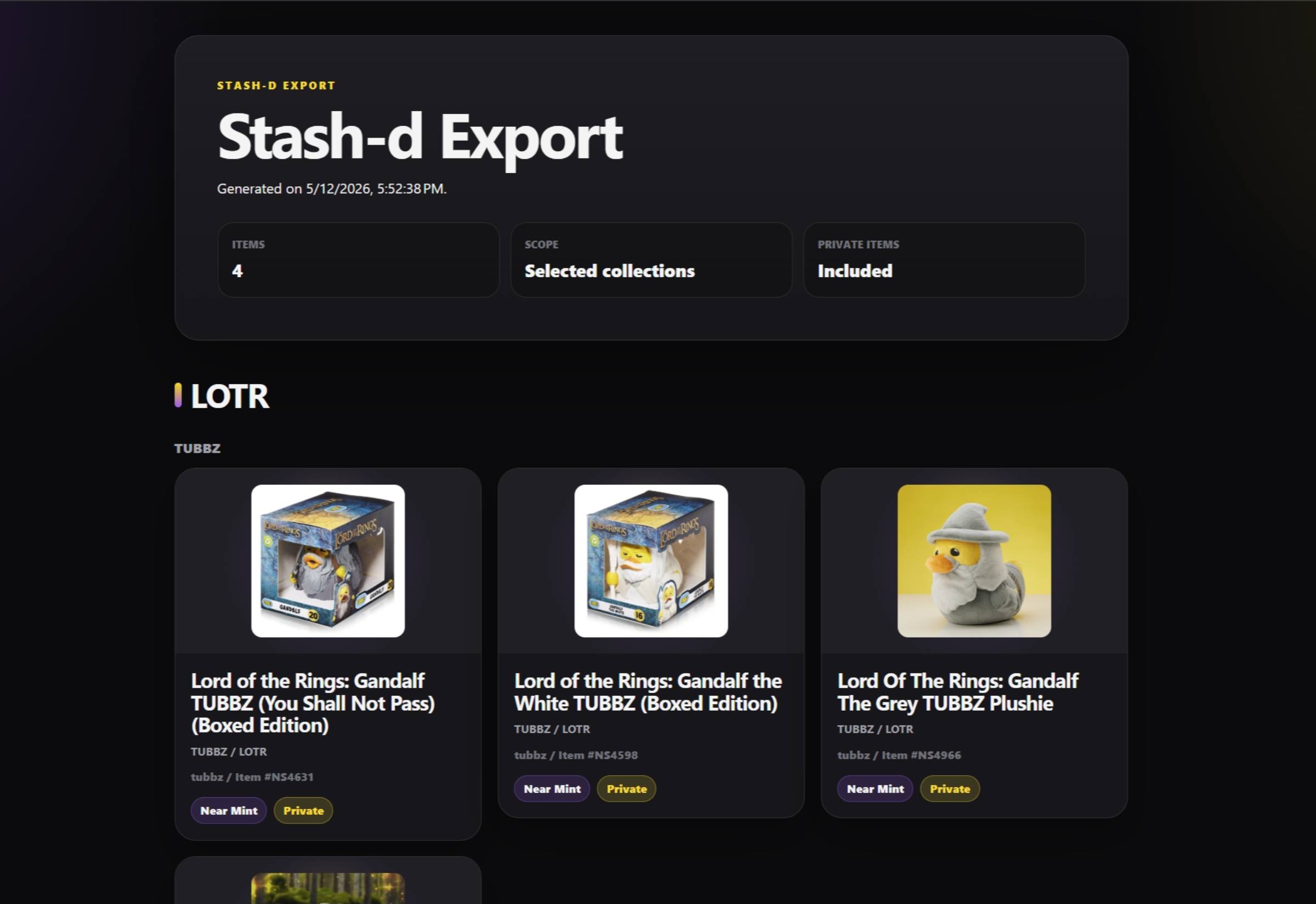 Stash-d HTML export report showing grouped collectible item cards